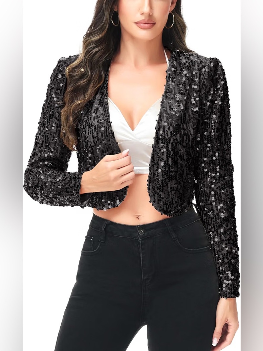 ANNA-KACI Womens Shiny Sequin Long Sleeve Cropped Blazer Bolero Shrug